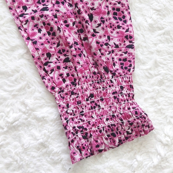 LOFT Pink White Smocked Floral Long Sleeve Cotton Blouse - Size S - Picture 5 of 9